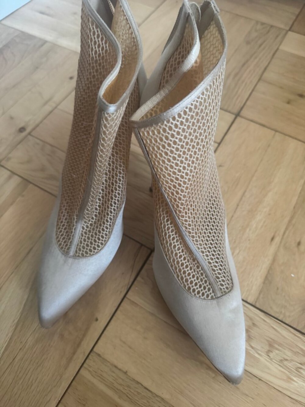 Oscar de la Renta Ivory Satin Mesh Ankle Booties 9
